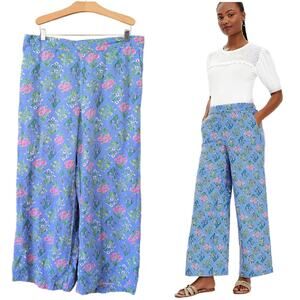 LOFT Fluid Wide Leg Pants in Blue Bouquet Linen Blend Size Large Petite